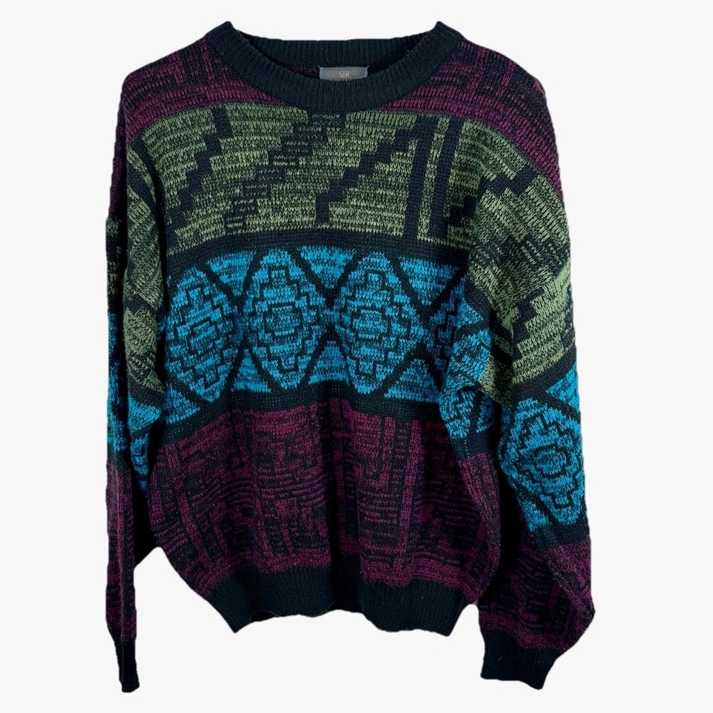 Vintage 90s Sir William Sweater Men L Geometric Southwestern Teal Purple Retro